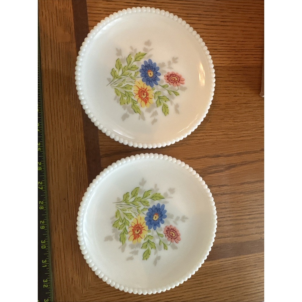 Set of 2 Vintage Westmoreland Beaded Milk Glass 7.5" Plates Hand Painted Flowers